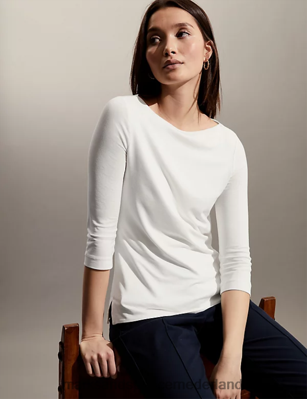 Marks & Spencer vrouwen top met schuine hals en 3/4 mouwen ivoor kleding N8VZP3026