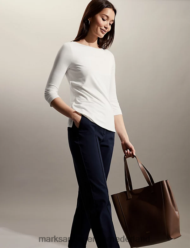 Marks & Spencer vrouwen top met schuine hals en 3/4 mouwen ivoor kleding N8VZP3026