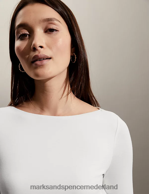 Marks & Spencer vrouwen top met schuine hals en 3/4 mouwen ivoor kleding N8VZP3026