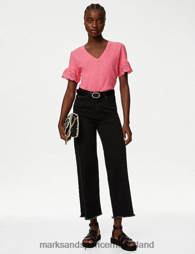 Marks & Spencer vrouwen top van zuiver katoen met broderie middel roze kleding N8VZP1864