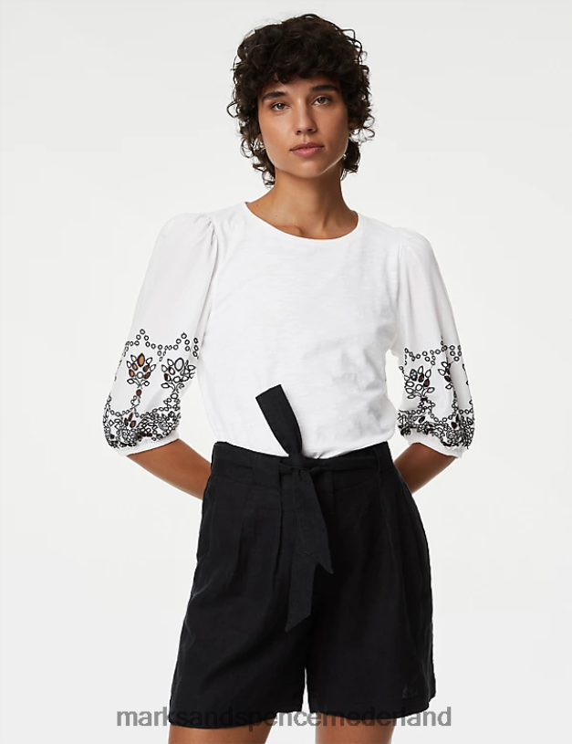 Marks & Spencer vrouwen top van zuiver katoen met broderie zacht wit kleding N8VZP369