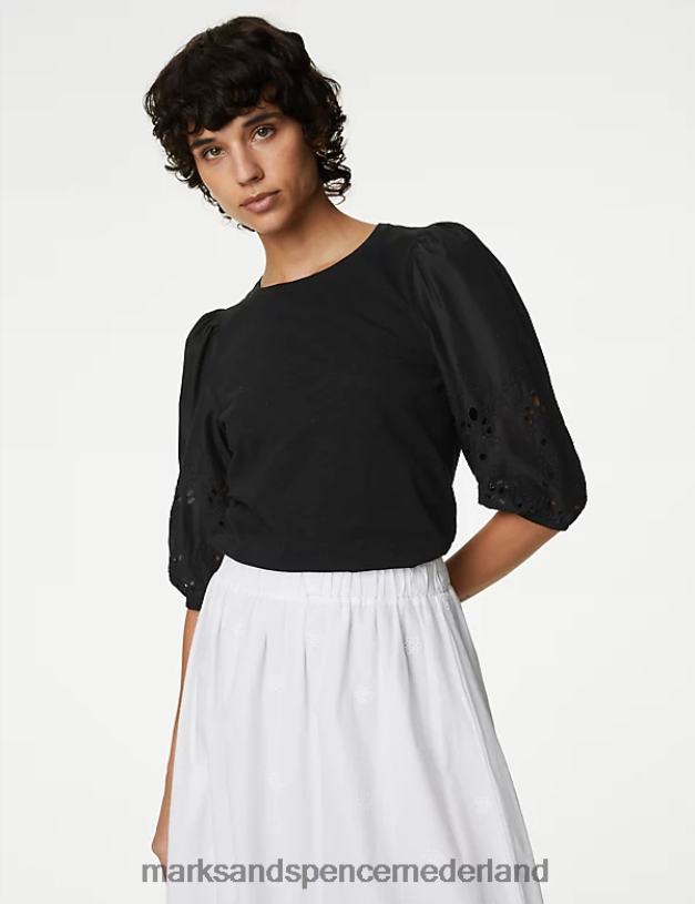 Marks & Spencer vrouwen top van zuiver katoen met broderie zwart kleding N8VZP725