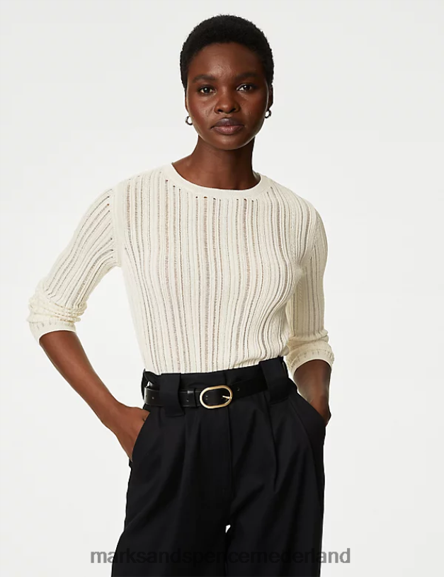 Marks & Spencer vrouwen Getextureerde trui met ronde hals van een katoenmix ivoor kleding N8VZP790