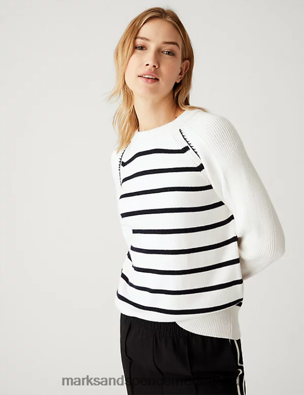 Marks & Spencer vrouwen Katoenrijke gestreepte trui met ronde hals crème mix kleding N8VZP2305