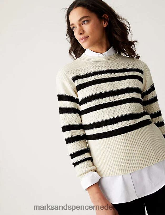 Marks & Spencer vrouwen Katoenrijke gestreepte trui met ronde hals zwarte mix kleding N8VZP2018