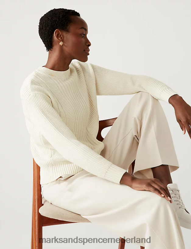 Marks & Spencer vrouwen Katoenrijke trui met ronde hals en structuur ivoor kleding N8VZP1532