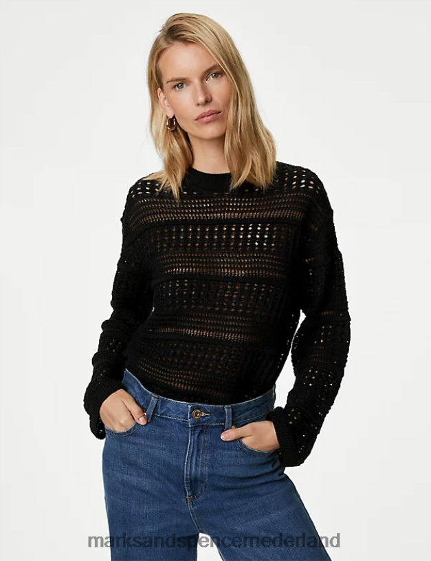 Marks & Spencer vrouwen Pointelle trui met ronde hals van een katoenmix zwart kleding N8VZP805