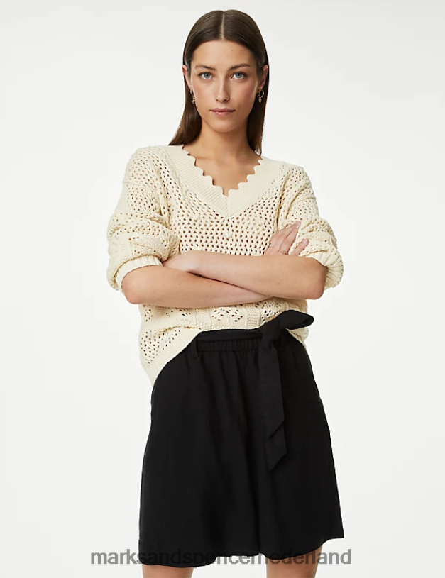 Marks & Spencer vrouwen Trui van puur katoen met v-hals en geschulpte rand ecru kleding N8VZP541