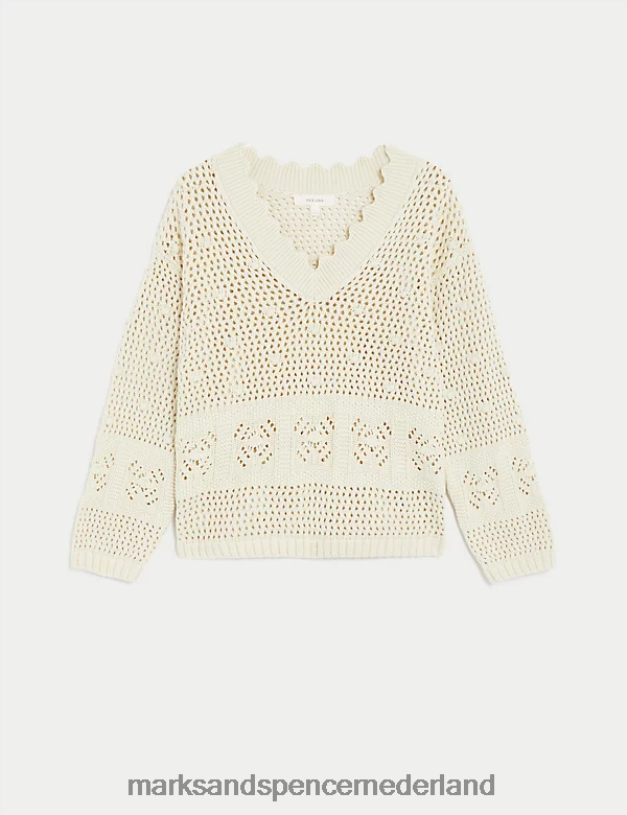 Marks & Spencer vrouwen Trui van puur katoen met v-hals en geschulpte rand ecru kleding N8VZP541