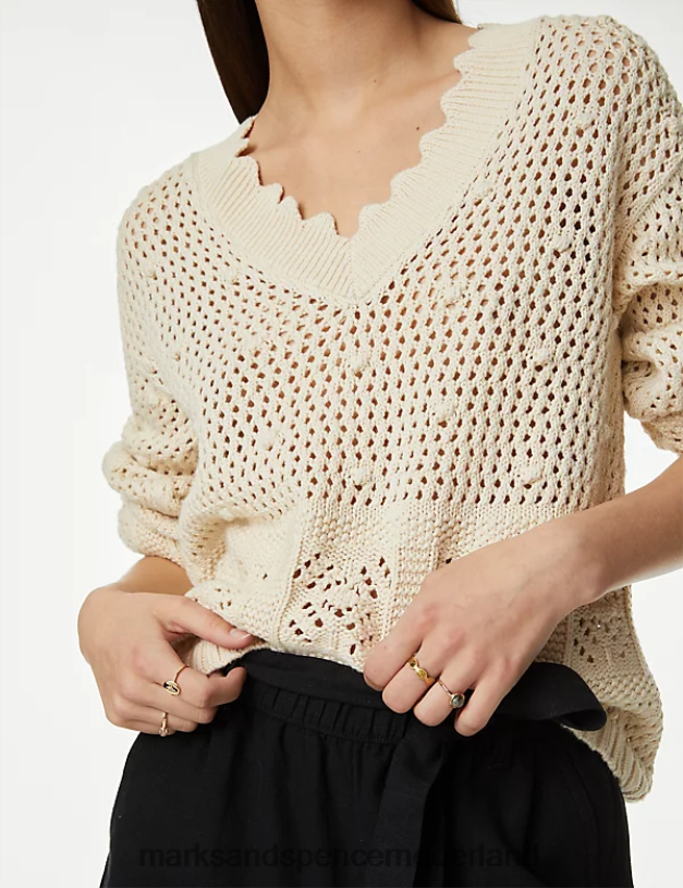 Marks & Spencer vrouwen Trui van puur katoen met v-hals en geschulpte rand ecru kleding N8VZP541