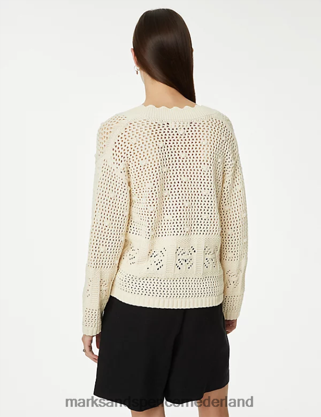 Marks & Spencer vrouwen Trui van puur katoen met v-hals en geschulpte rand ecru kleding N8VZP541