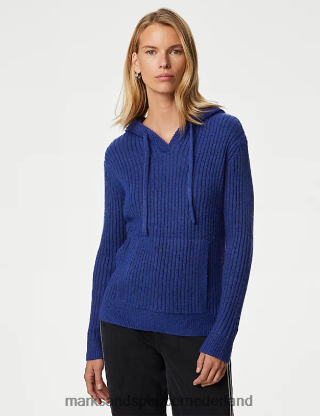 Marks & Spencer vrouwen geribbelde hoodie met V-hals elektrisch blauw kleding N8VZP247