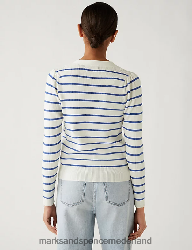 Marks & Spencer vrouwen gestreept vest met V-hals en knopen aan de voorkant ivoor mix kleding N8VZP2116