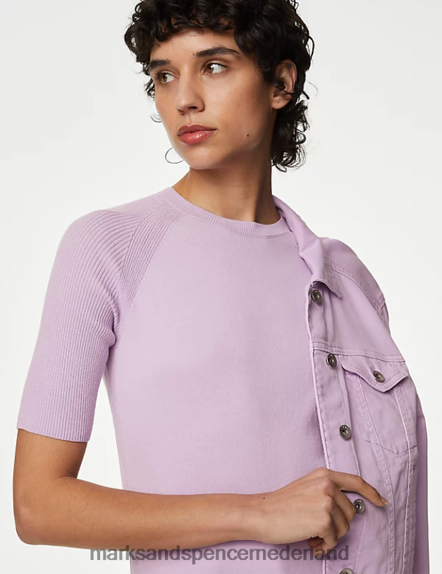 Marks & Spencer vrouwen katoenrijke geribde gebreide top met ronde hals lila kleding N8VZP1758