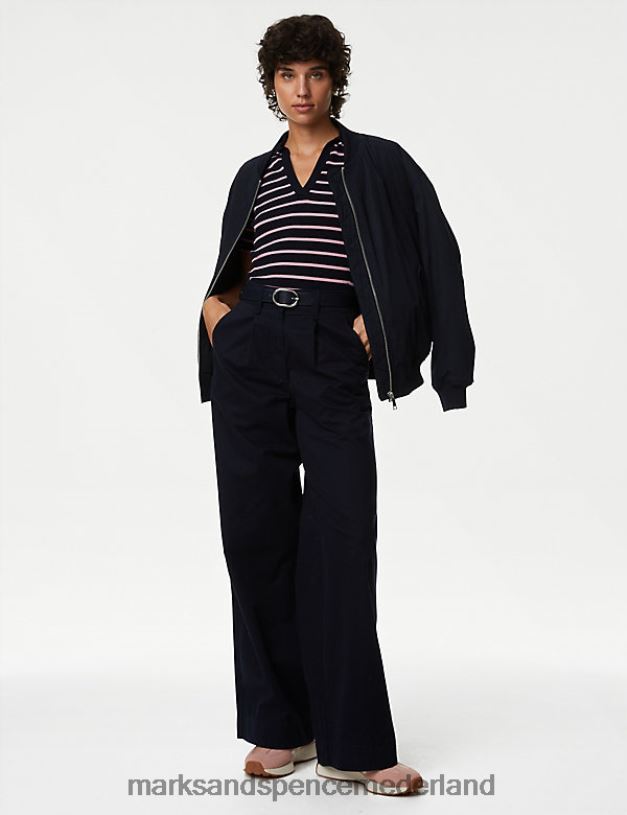 Marks & Spencer vrouwen katoenrijke gestreepte gebreide top met kraag marine mix kleding N8VZP1480