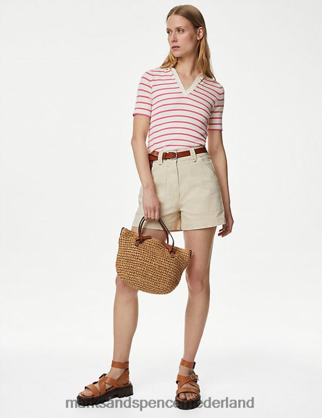Marks & Spencer vrouwen katoenrijke gestreepte gebreide top met kraag roze mix kleding N8VZP1479