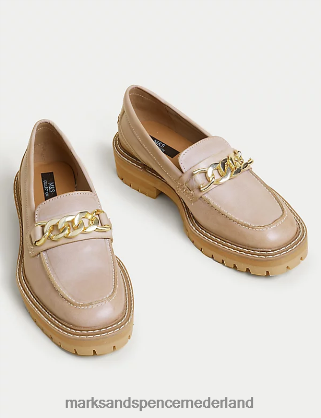 Marks & Spencer vrouwen Leren loafers met blokhak en kettingdetail kameel schoenen N8VZP422