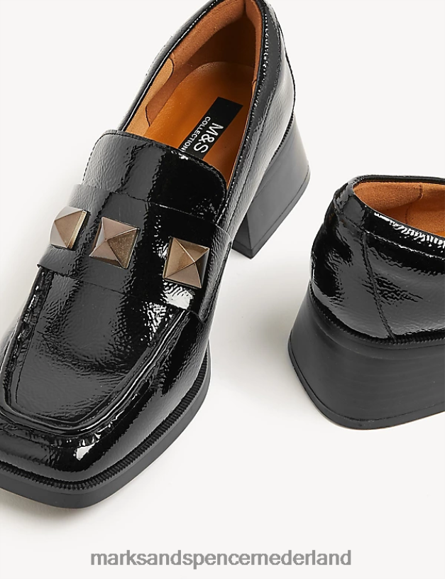 Marks & Spencer vrouwen Leren loafers met lakblokhak en brede pasvorm zwart schoenen N8VZP1100