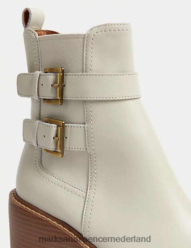 Marks & Spencer vrouwen Leren enkellaarsjes met blokhak en gesp vanille schoenen N8VZP1231