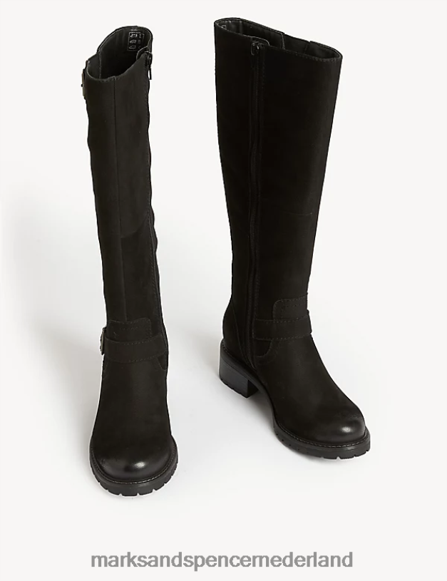 Marks & Spencer vrouwen Leren kniehoge laarzen met blokhak en brede pasvorm zwart schoenen N8VZP1418