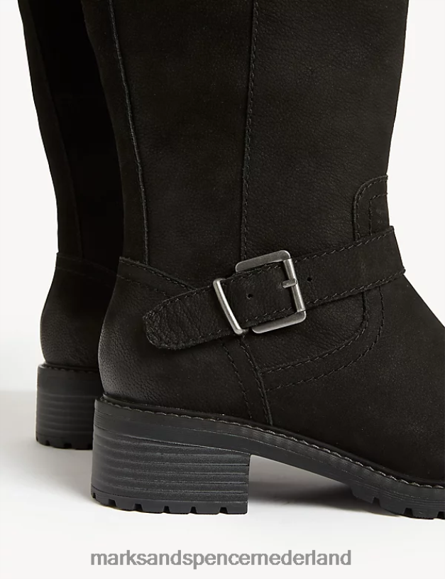 Marks & Spencer vrouwen Leren kniehoge laarzen met blokhak en brede pasvorm zwart schoenen N8VZP1418