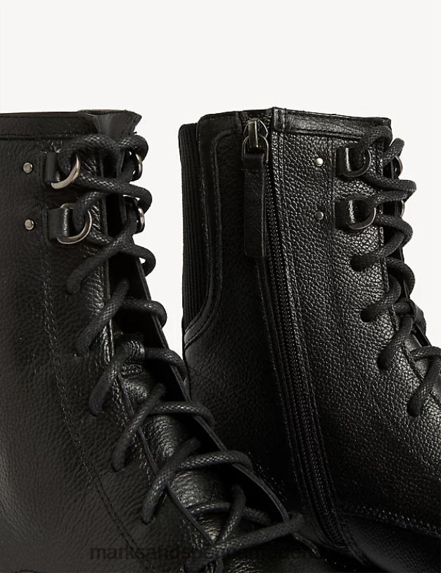 Marks & Spencer vrouwen Leren platte enkellaarzen met veters en brede pasvorm zwart schoenen N8VZP3053