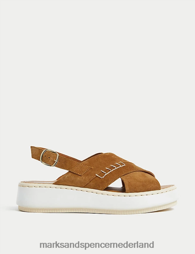 Marks & Spencer vrouwen Suède gekruiste platte sandalen bruinen schoenen N8VZP2027