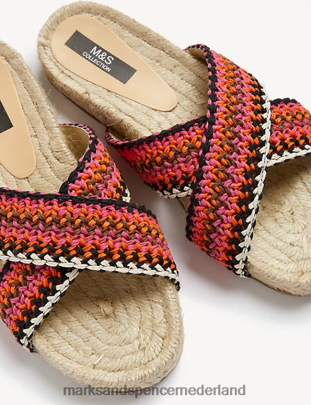 Marks & Spencer vrouwen geweven gekruiste platte espadrilles roze mix schoenen N8VZP1089