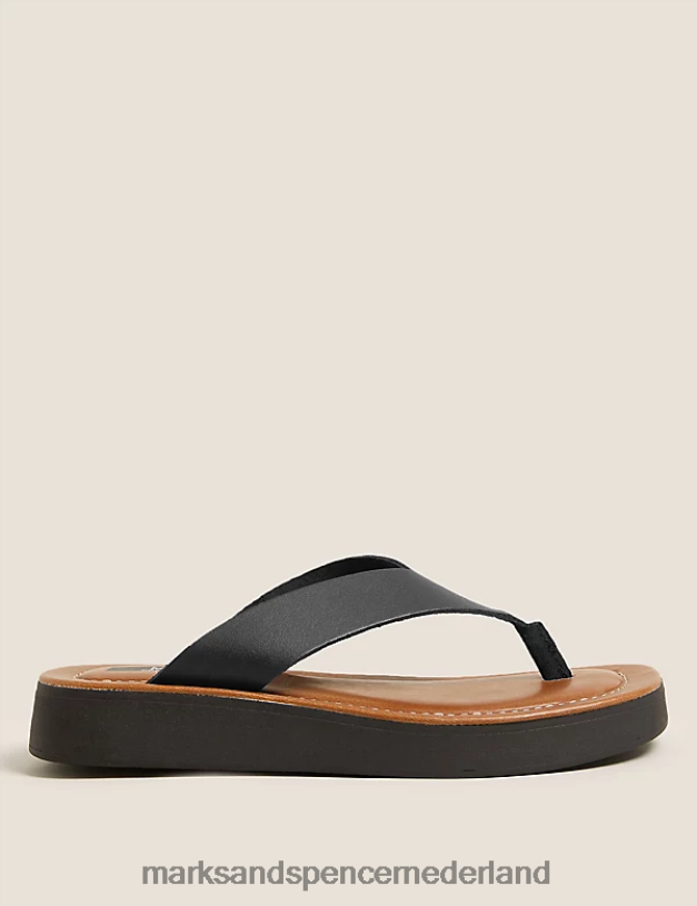 Marks & Spencer vrouwen Leren flatform-slippers zwart schoenen N8VZP2896