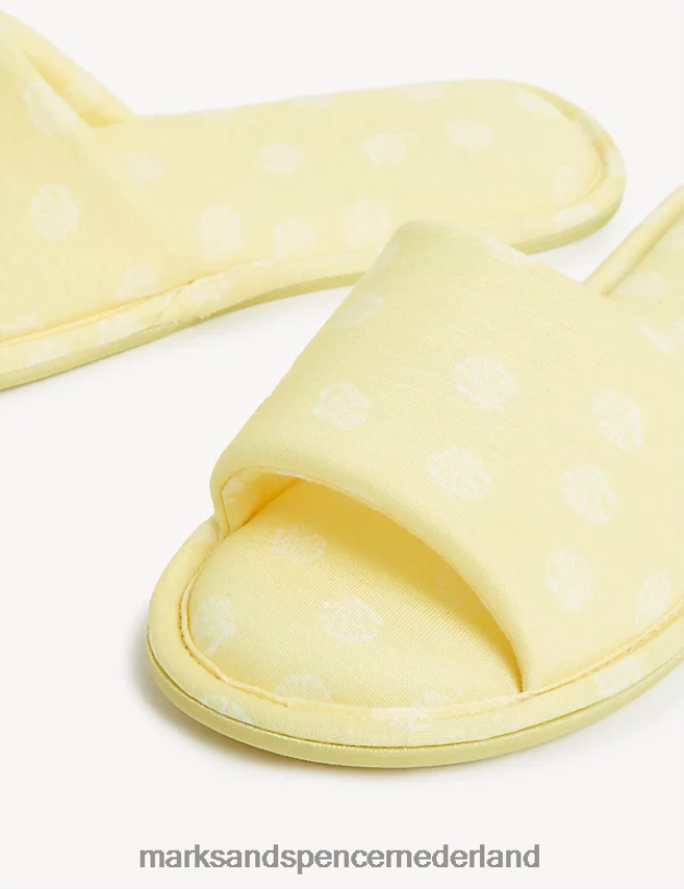 Marks & Spencer vrouwen Muiltjespantoffels met open teen en schelpprint zacht geel schoenen N8VZP2326