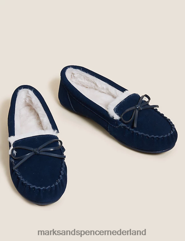 Marks & Spencer vrouwen Suède mocassinpantoffels met strik en nepbontvoering medium marine schoenen N8VZP3164