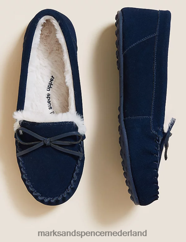 Marks & Spencer vrouwen Suède mocassinpantoffels met strik en nepbontvoering medium marine schoenen N8VZP3164