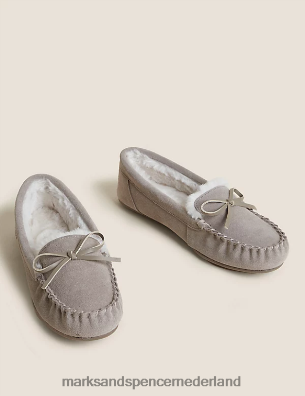Marks & Spencer vrouwen Suède mocassinpantoffels met strik en nepbontvoering nertsen mix schoenen N8VZP3472