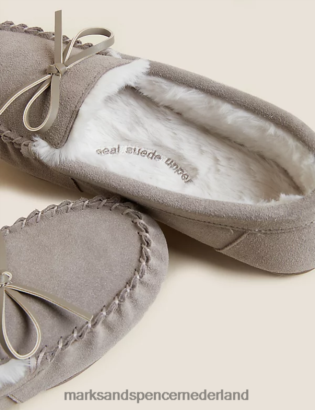 Marks & Spencer vrouwen Suède mocassinpantoffels met strik en nepbontvoering nertsen mix schoenen N8VZP3472