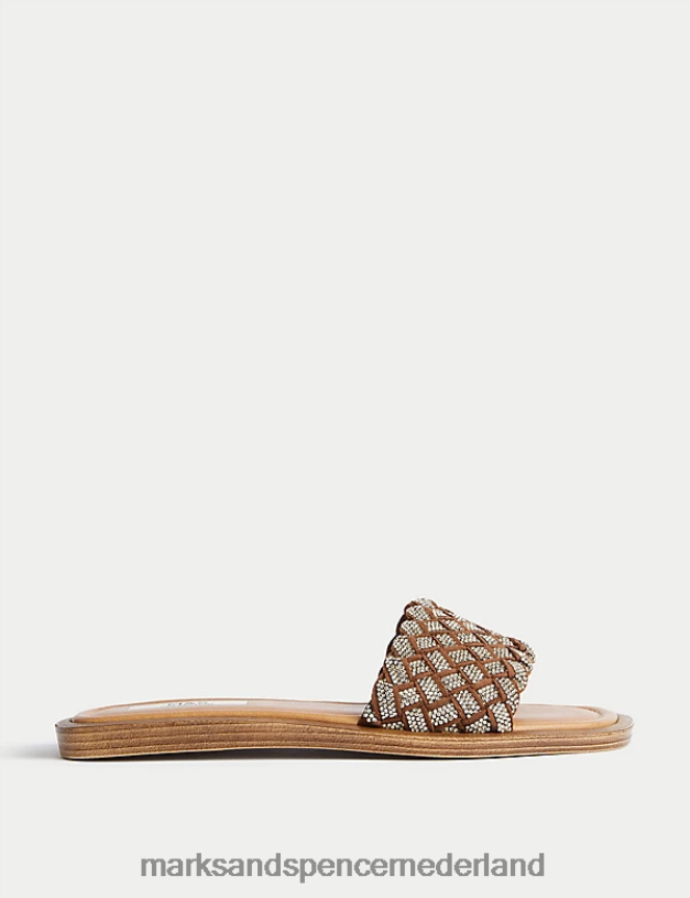 Marks & Spencer vrouwen geweven glinsterende platte sliders bruinen schoenen N8VZP2138