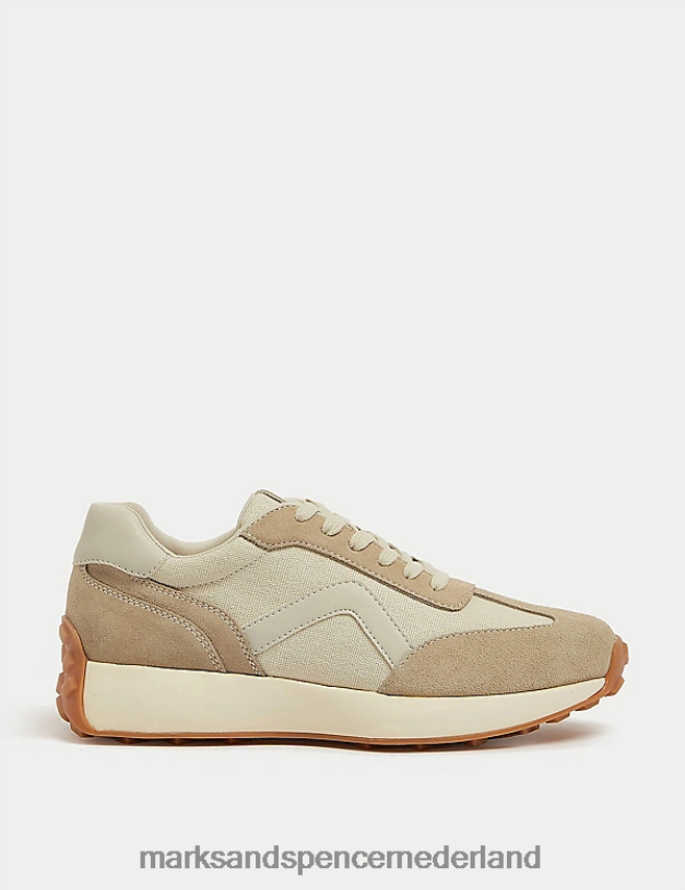 Marks & Spencer vrouwen Leren sneakers met veters aan de zijkant beige schoenen N8VZP2459